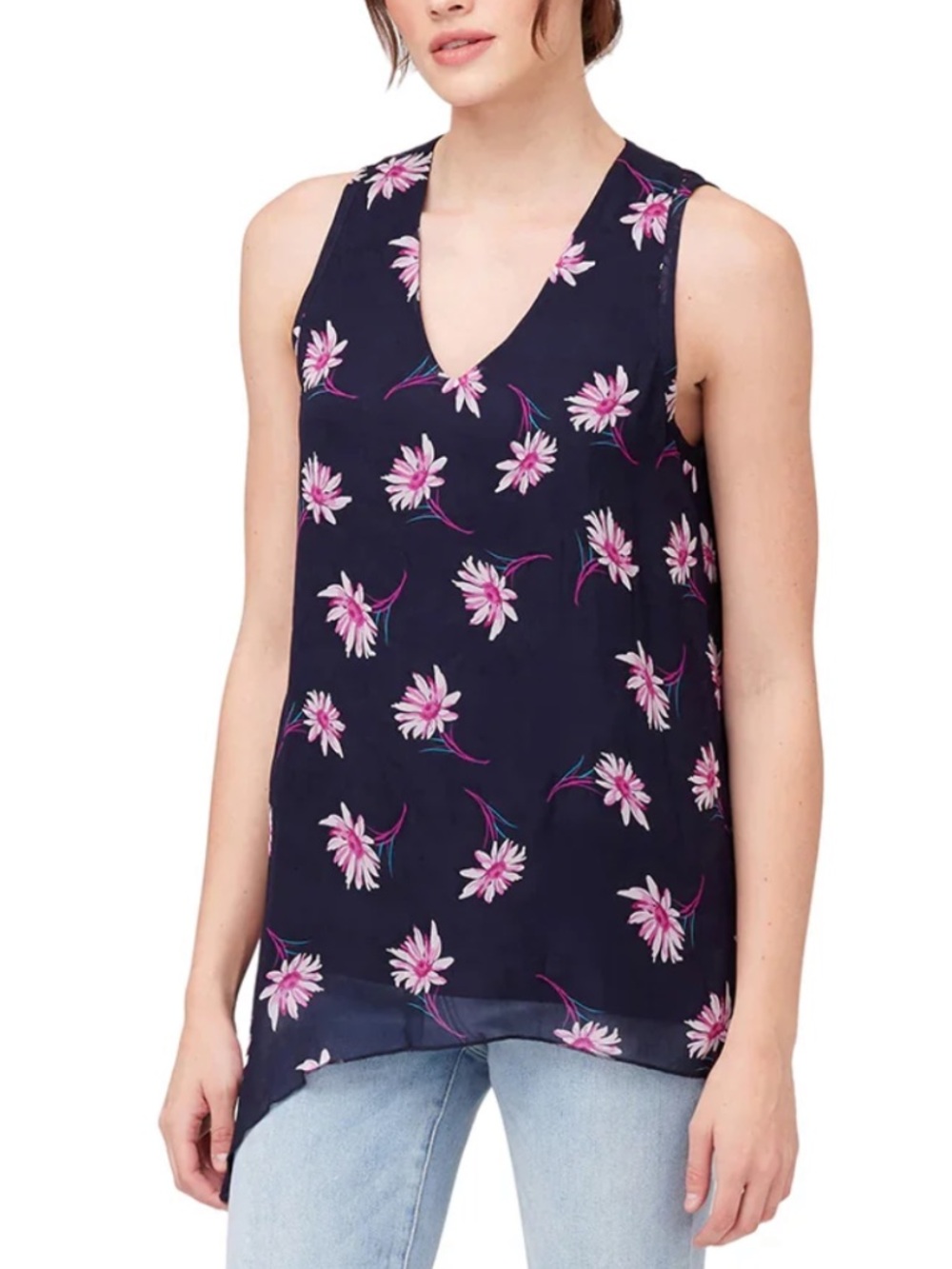 Karen Kane Sz XS Blouse Navy Floral V-Neck Sleeveless Top Office Boho Chic Fairy
